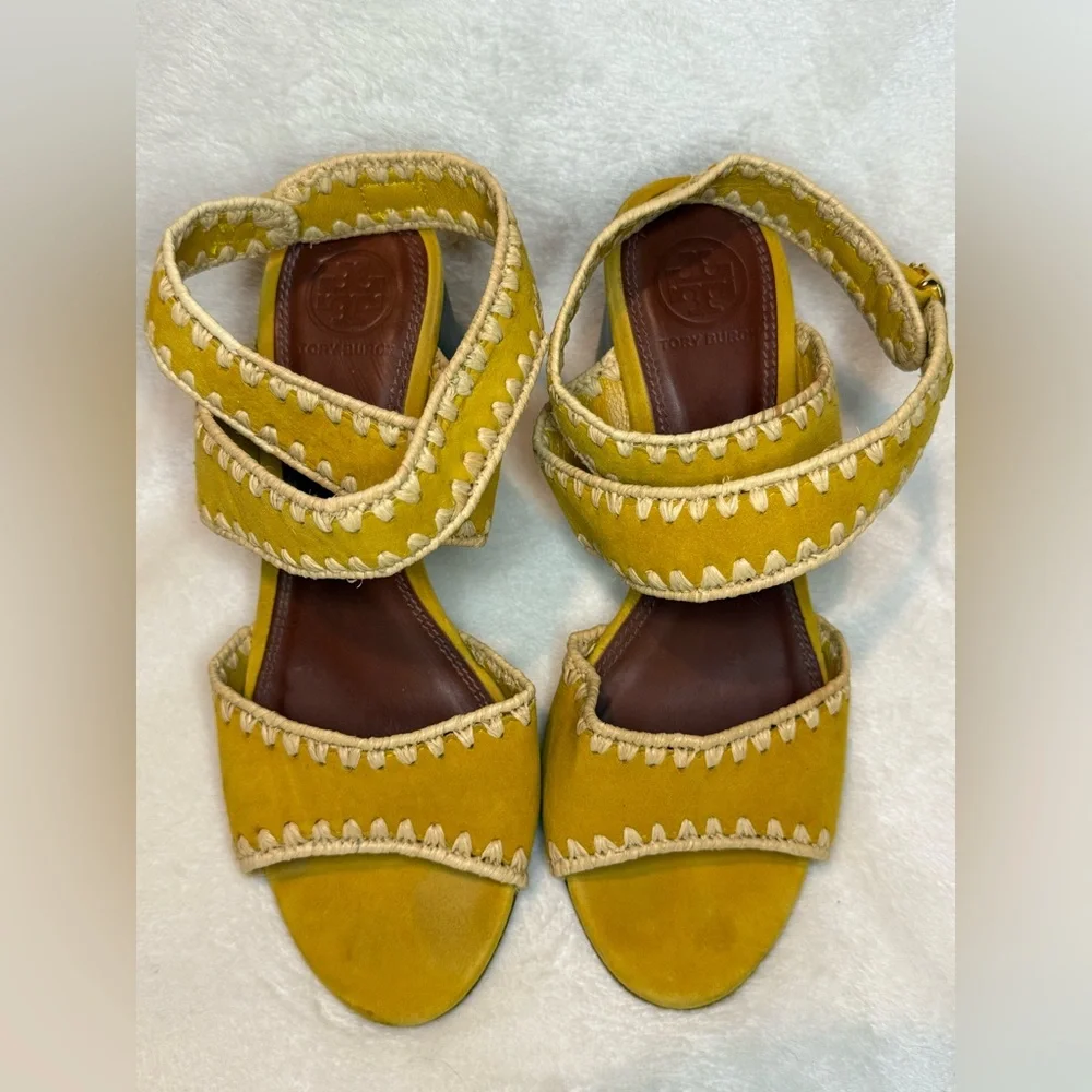 Tory Burch Yellow Raffia and Suede Ankle Strap Sandals‎ Women’s Heels size 6 1/2